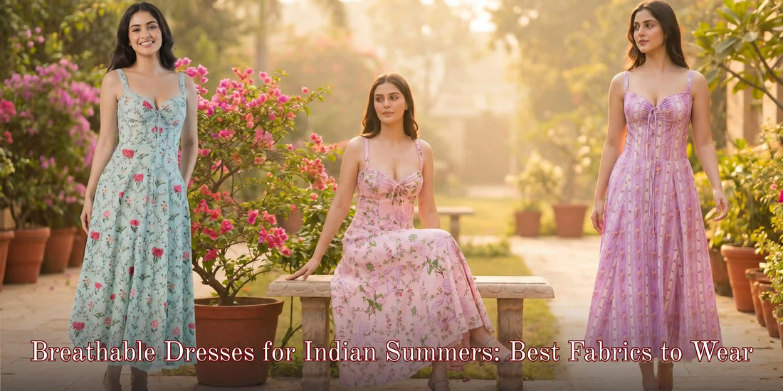 Breathable floral maxi dresses for Indian summers — three women in mint, pink and lavender cotton dresses in a sunlit garden