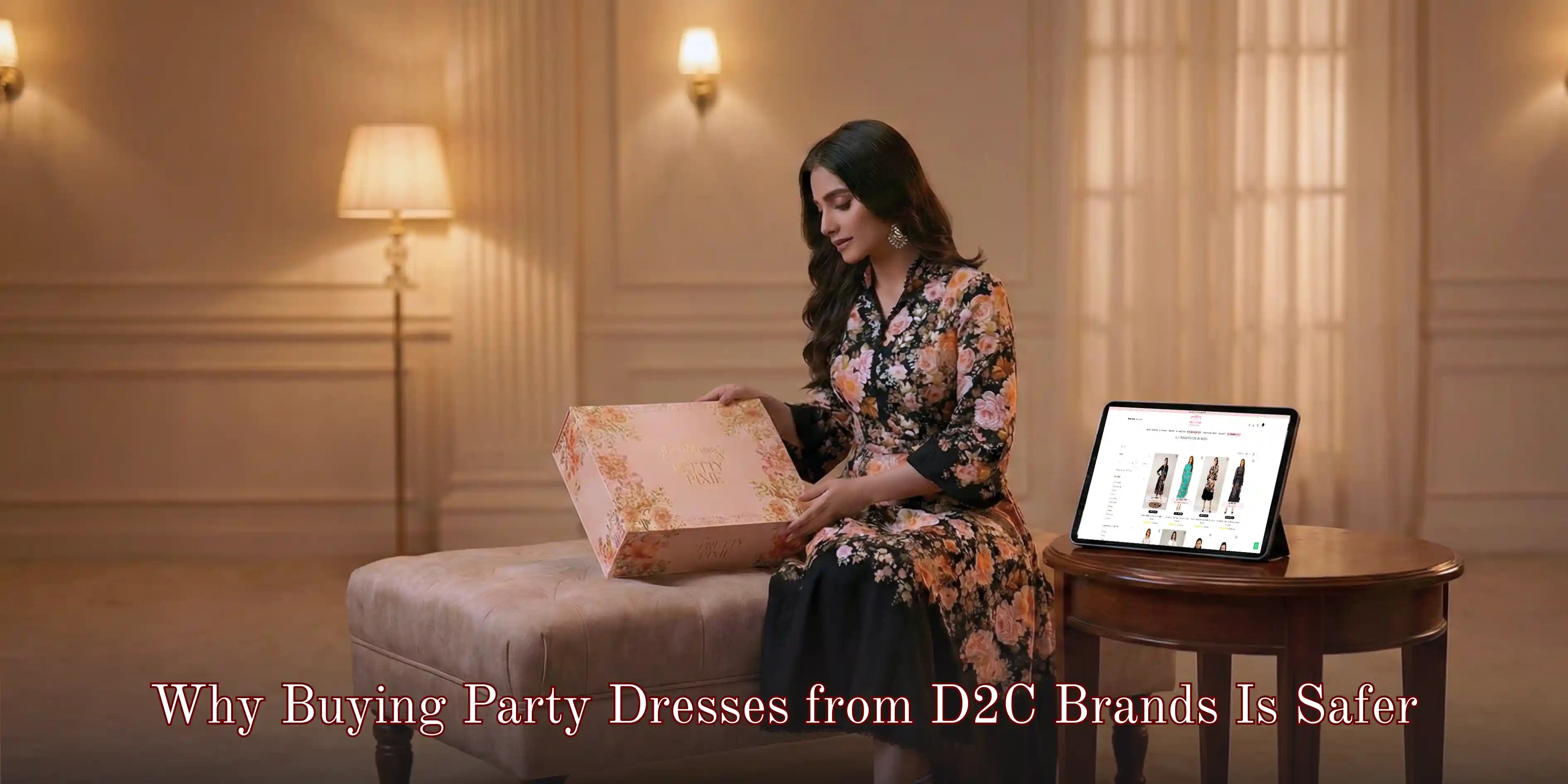 Woman measuring fabric at a desk with fashion tools, representing what to check before buying party wear dresses online.