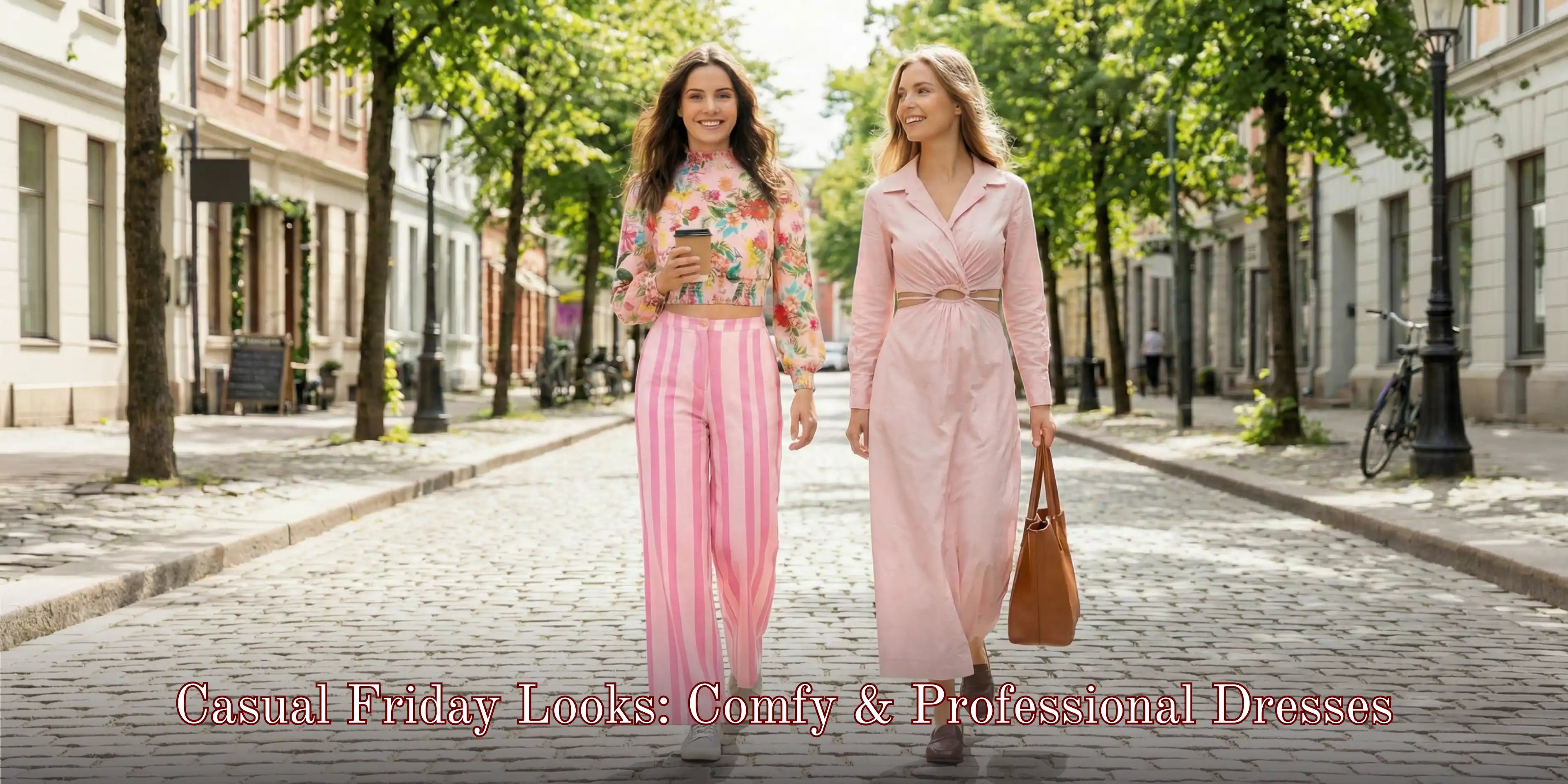 Women wearing casual Friday outfits with comfy and professional dresses