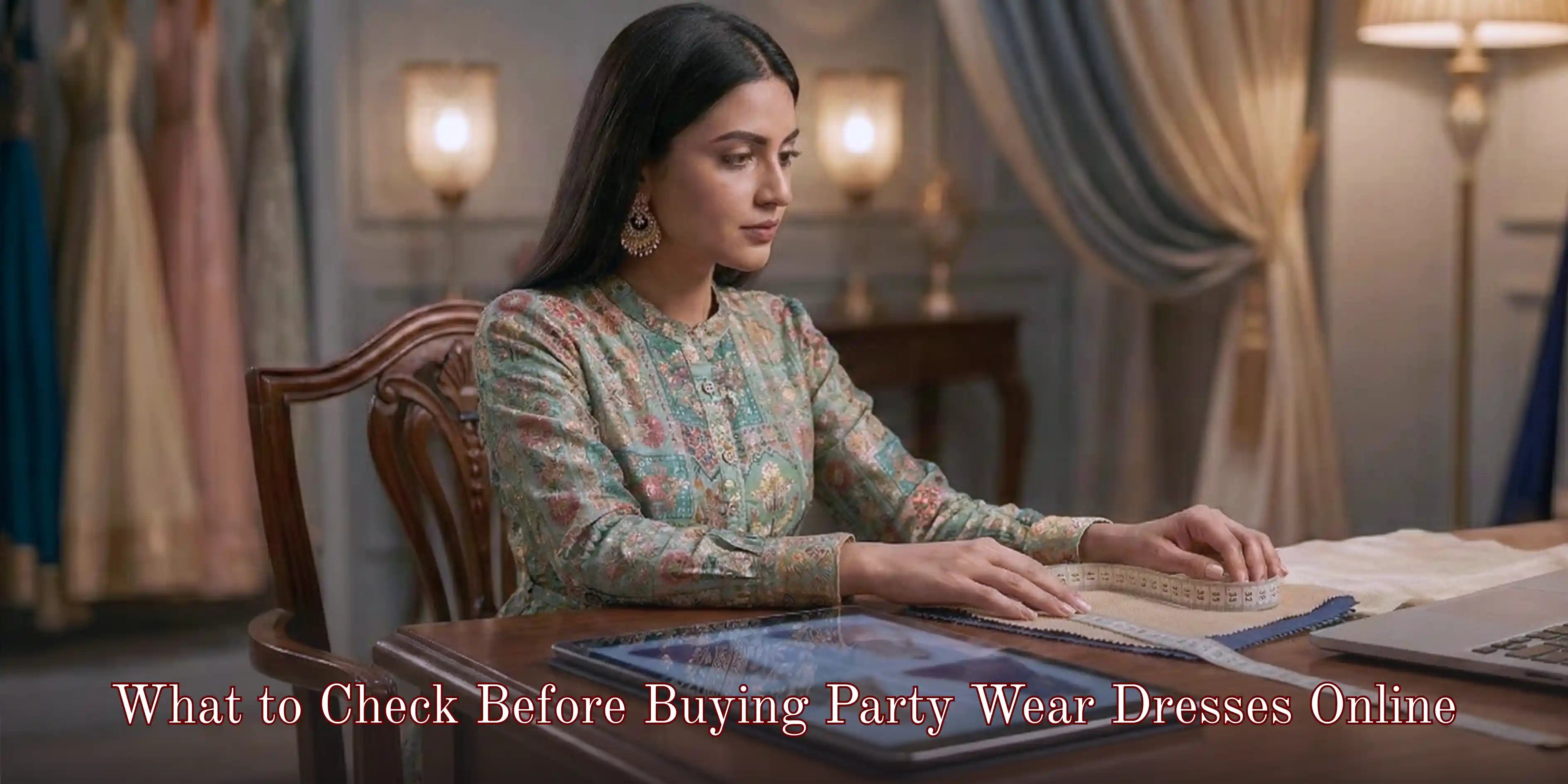 Woman measuring fabric at a desk with fashion tools, representing what to check before buying party wear dresses online.
