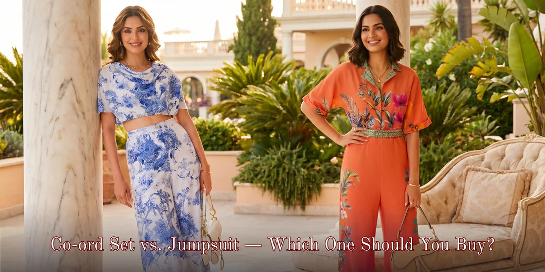 Women in colorful party wear jumpsuits showing floral and orange styles with luxury resort styling