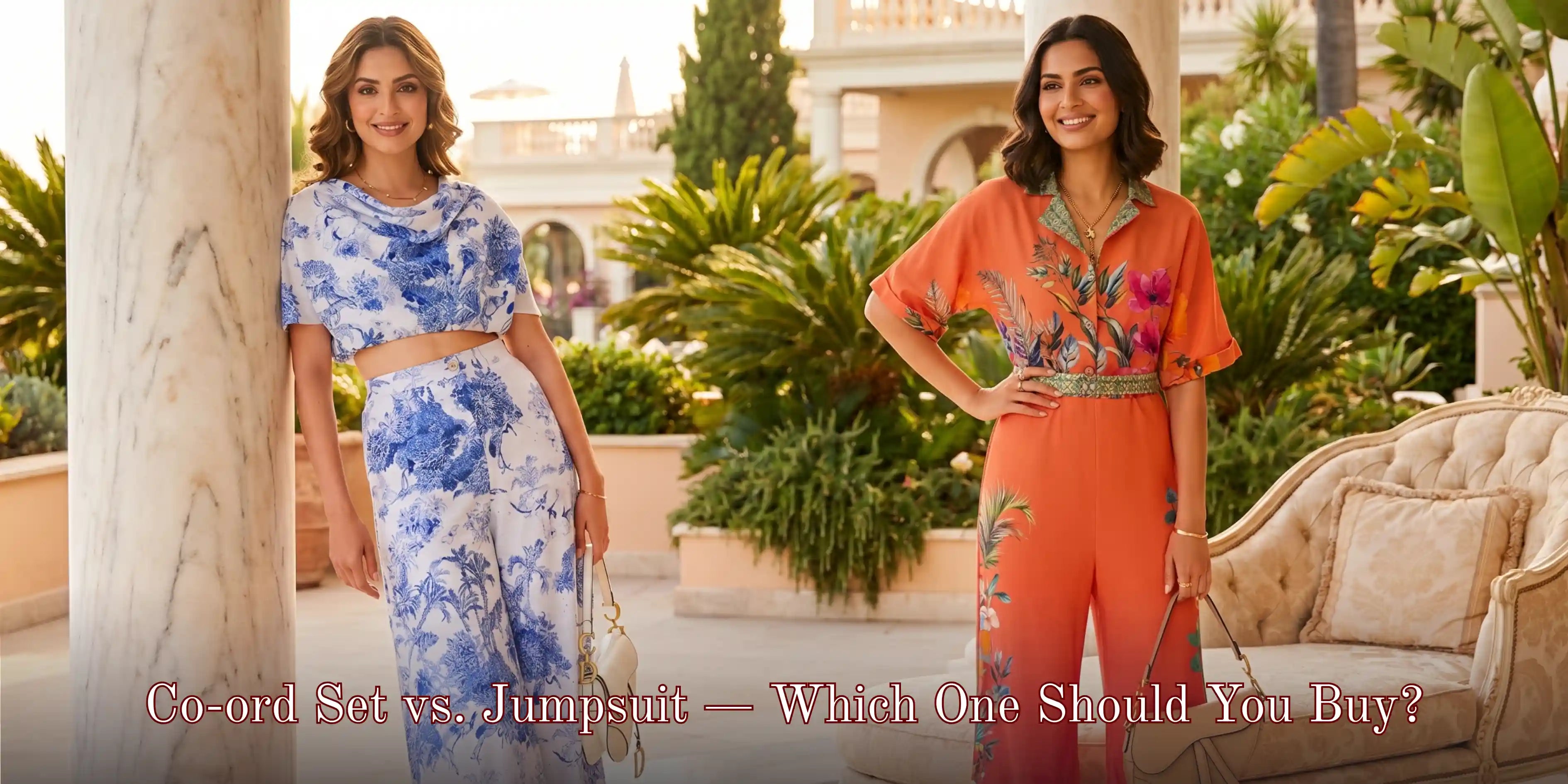 Women in colorful party wear jumpsuits showing floral and orange styles with luxury resort styling