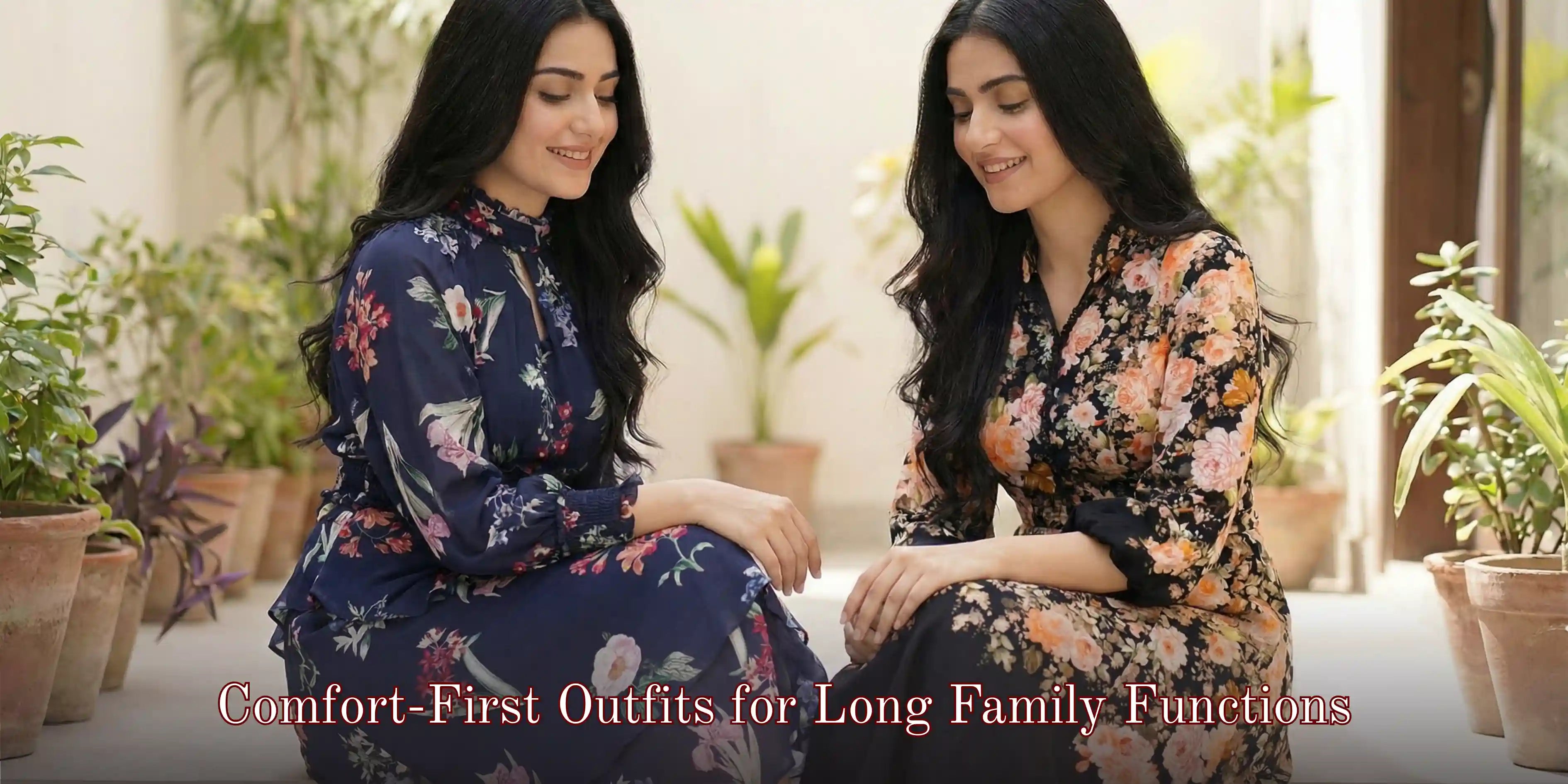 Two women wearing breathable floral cotton dresses at a family gathering, showcasing comfort-first ethnic outfits ideal for long Indian family functions and extended celebrations – Pretty Pixie collection.