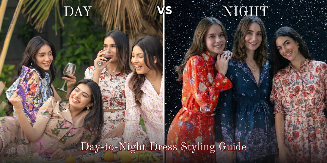 Day to night dress styling guide, visual comparison of casual daytime and chic nighttime floral outfits for women.