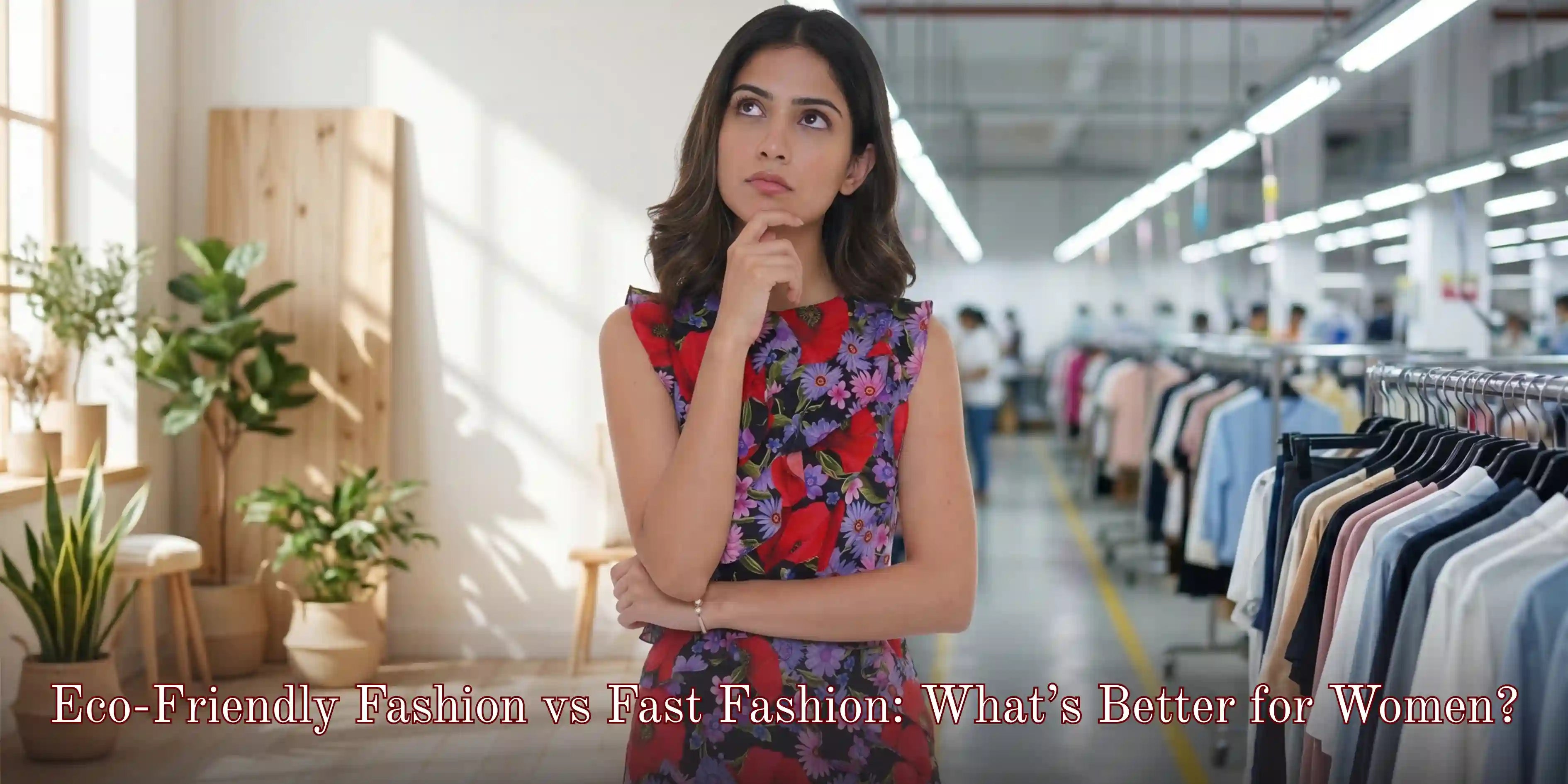Indian woman in floral dress weighing eco-friendly fashion vs fast fashion — sustainable vs fast fashion choice for women