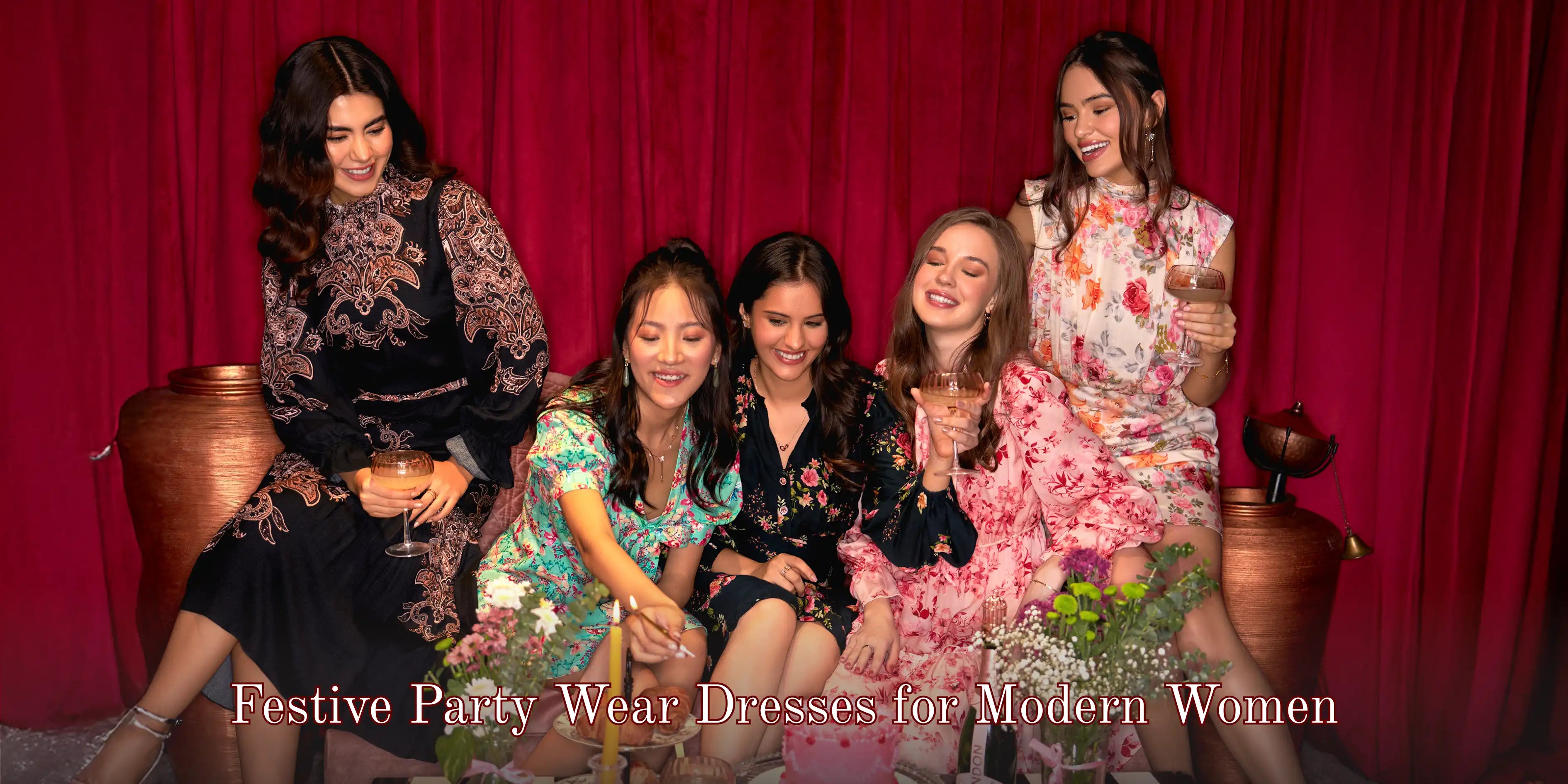 Festive party wear dresses for modern women, group celebration outfit inspiration in floral and paisley prints.