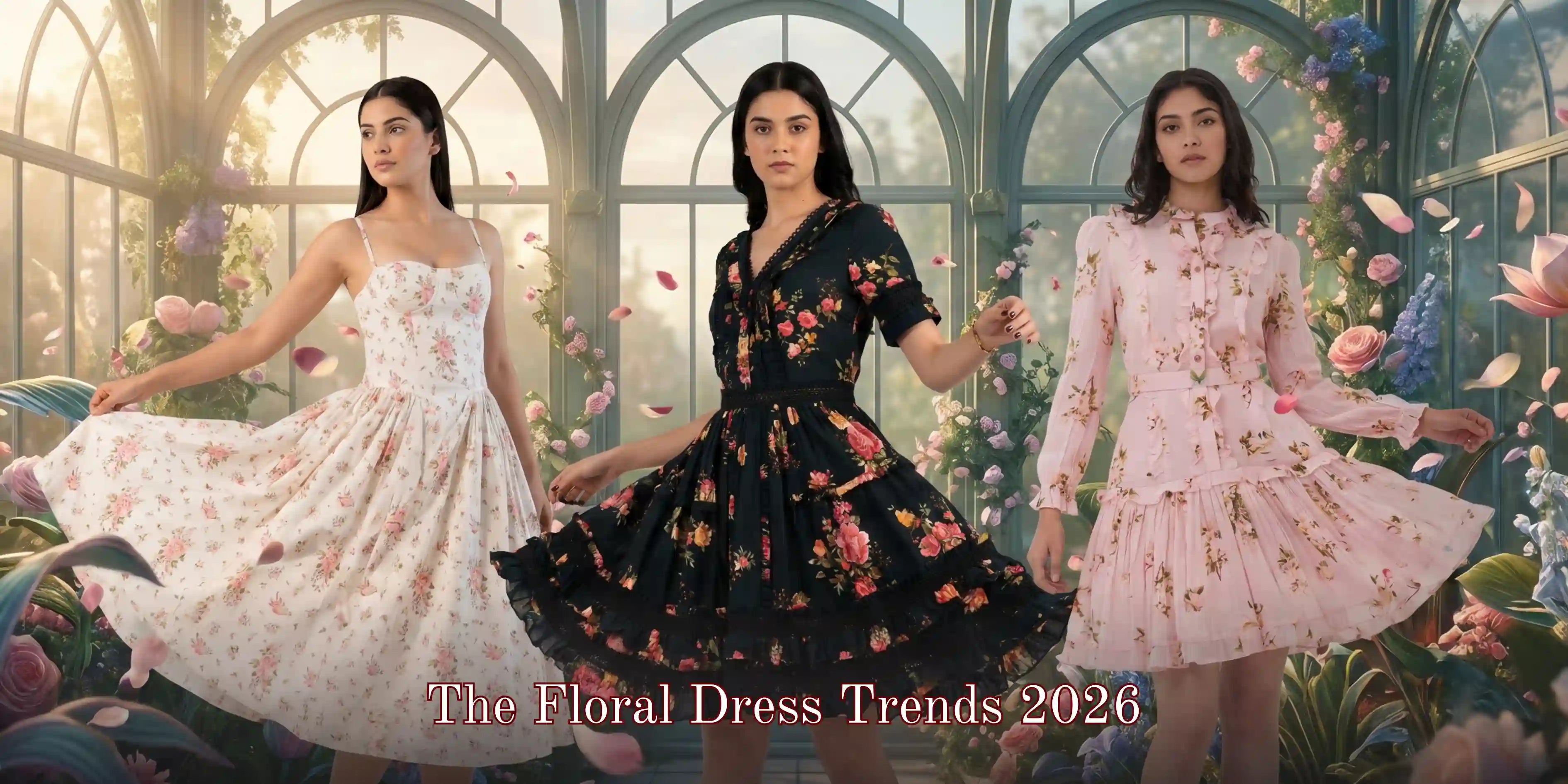 Women wearing trendy floral dresses 2026 in a garden setting featuring white, black, and pink floral outfits for spring summer fashion