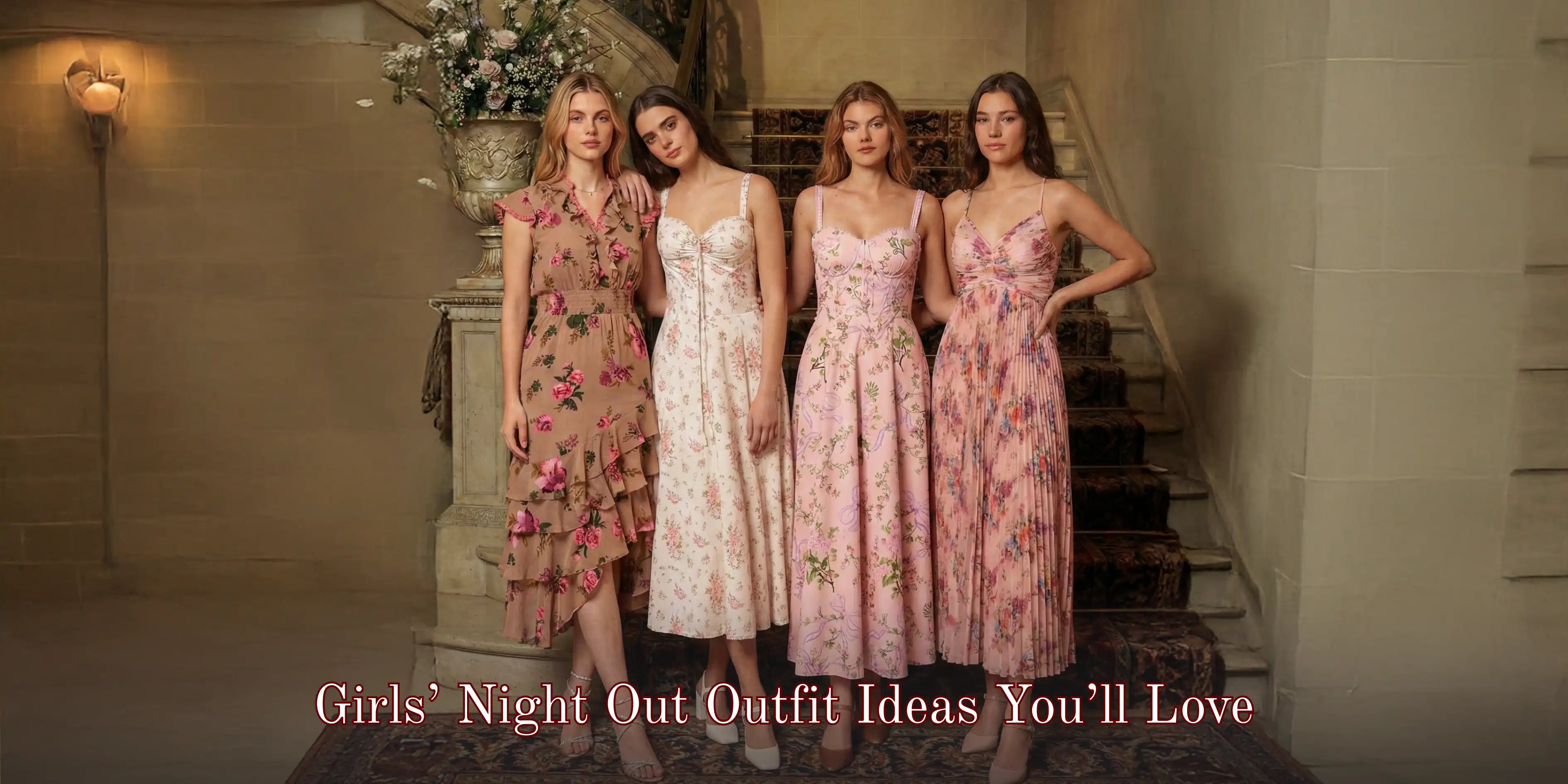 Girls’ night out outfit ideas you’ll love, pastel floral dress looks for parties and dinners.