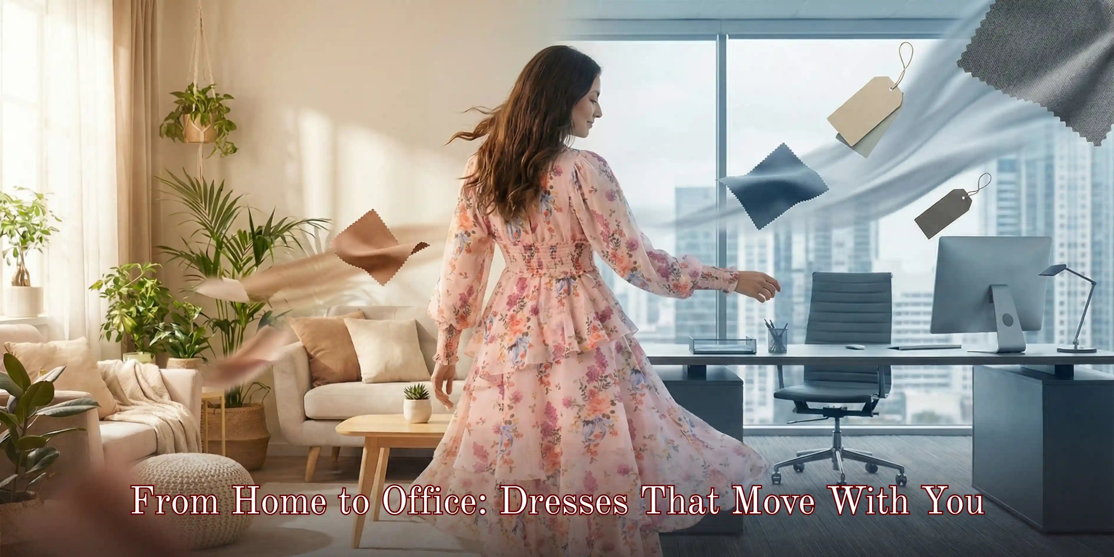 Woman in a flowy floral midi dress transitioning from home workspace to modern office, representing versatile hybrid work outfits that move seamlessly from video calls to office meetings – Pretty Pixie collection.