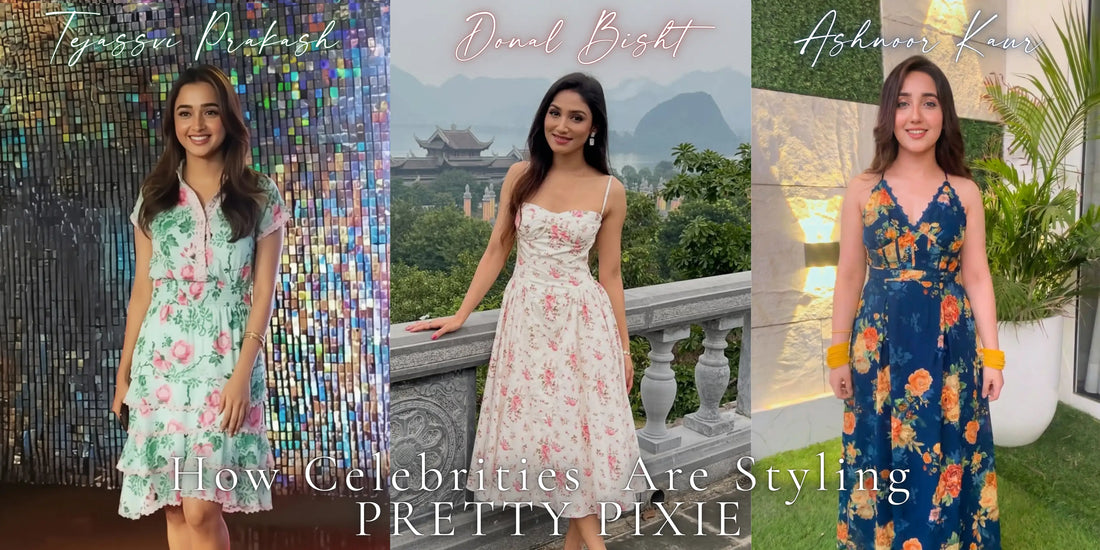 Three women in floral Pretty Pixie dresses styled by celebrities standing in different locations, collage banner titled How Celebrities Are Styling Pretty Pixie.