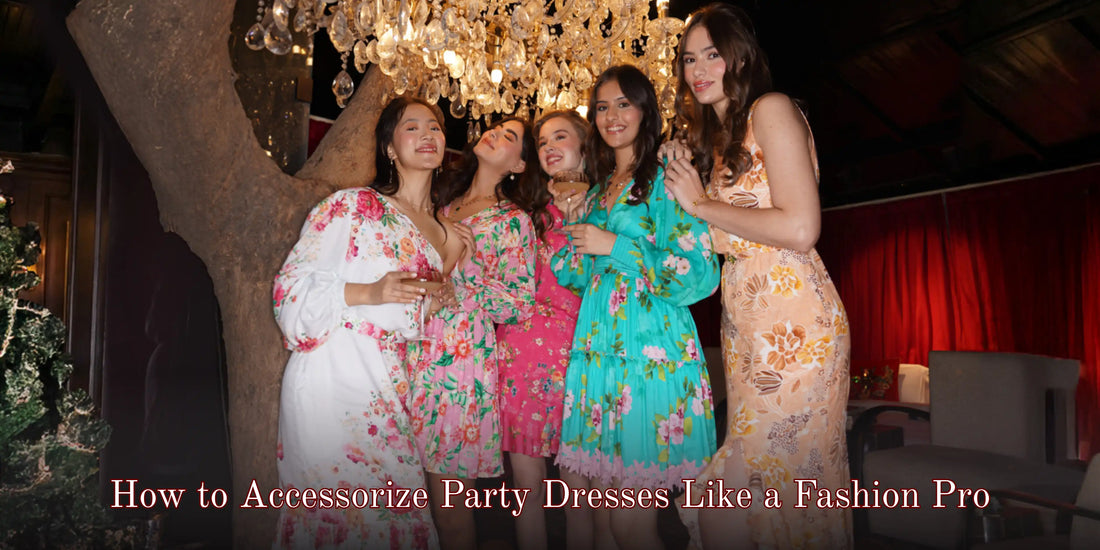 How to accessorize party dresses like a fashion pro, jewellery and styling ideas on floral outfits.
