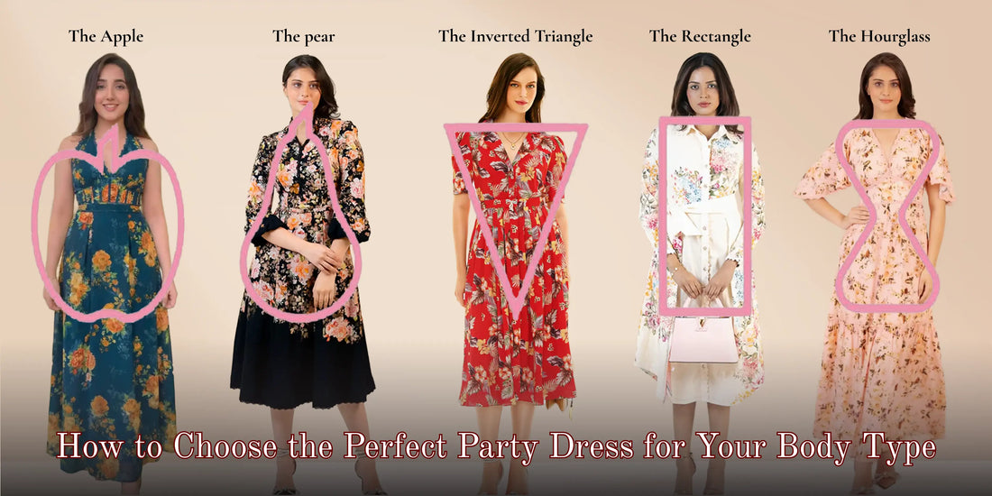 How to choose the perfect party dress for your body type infographic showing apple, pear, rectangle, inverted triangle, and hourglass