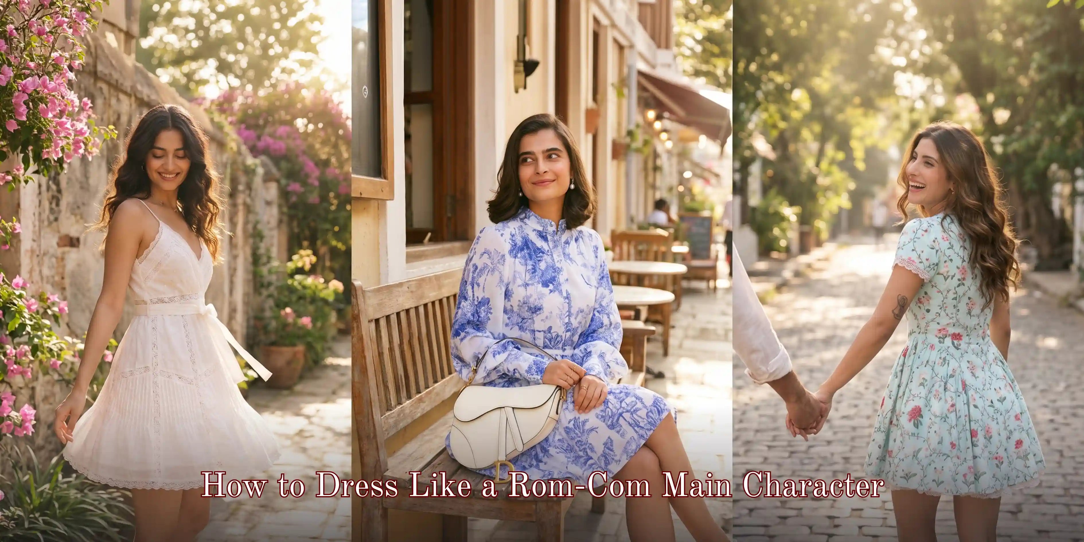 How to dress like rom-com main character: 3 outfits cream floral blue white mint aesthetic women