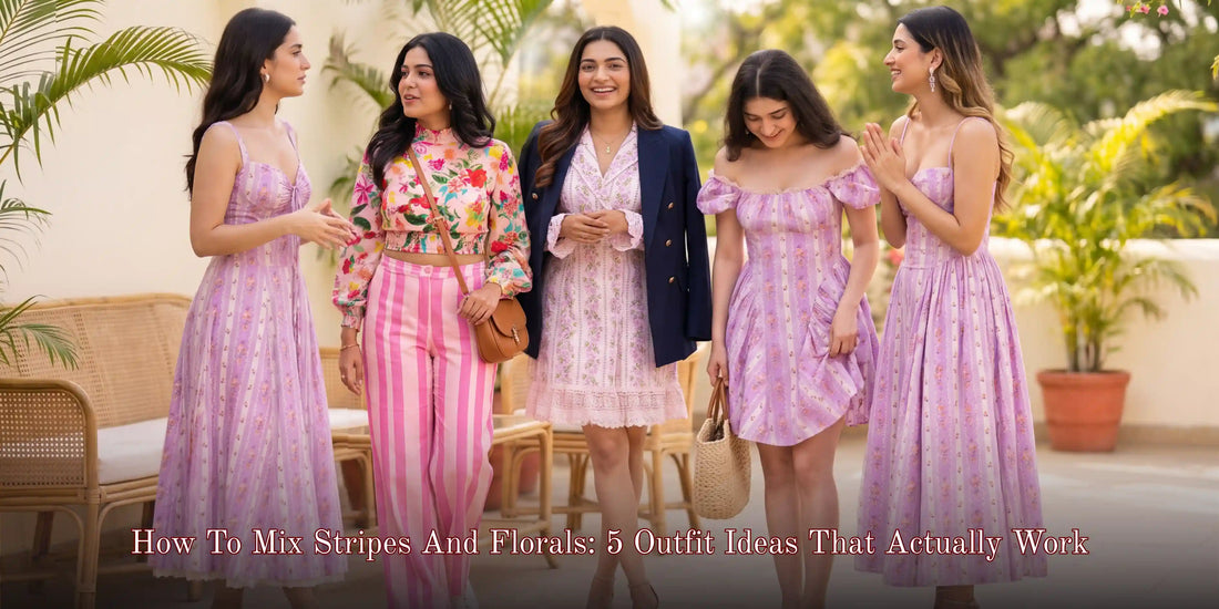 Five women styling lilac floral stripe dresses mixed with pink striped pants and floral tops outdoors