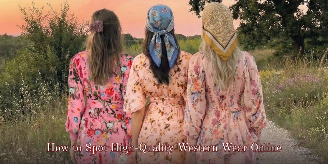 How to spot high quality western wear online, three women in floral dresses in sunset field visual guide.