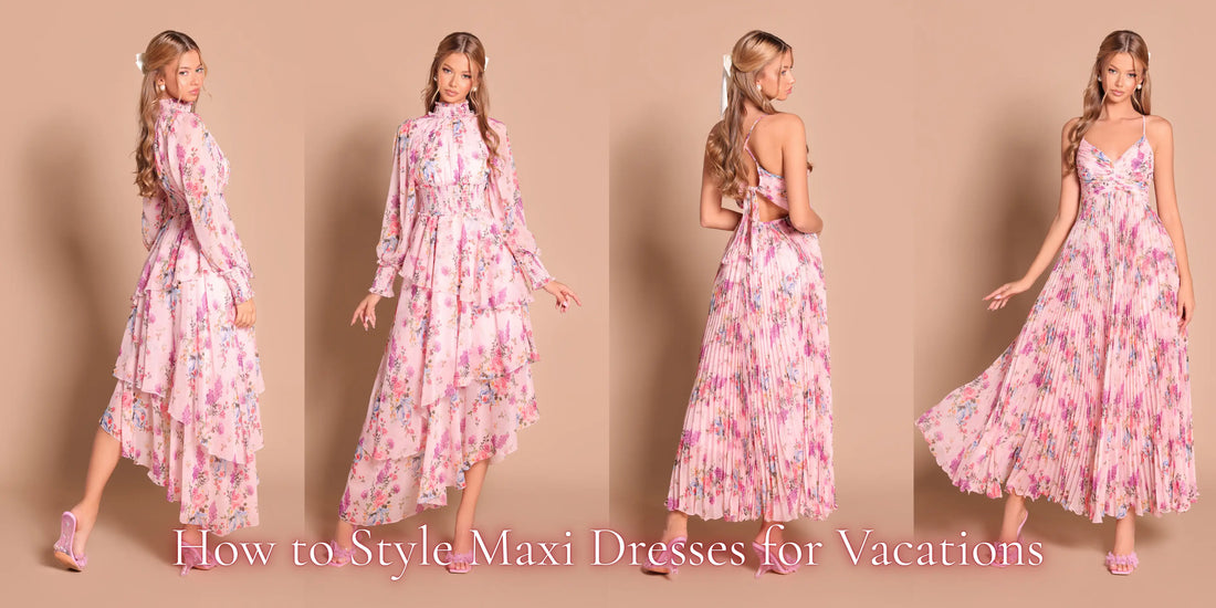 woman modeling pink floral maxi dress in four poses on beige background with text How to Style Maxi Dresses for Vacations.