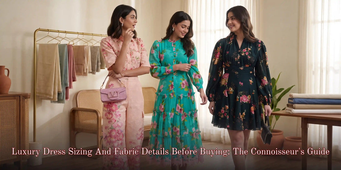 Three women in peach, teal, and navy floral dresses standing near fabric swatches in a boutique fitting room