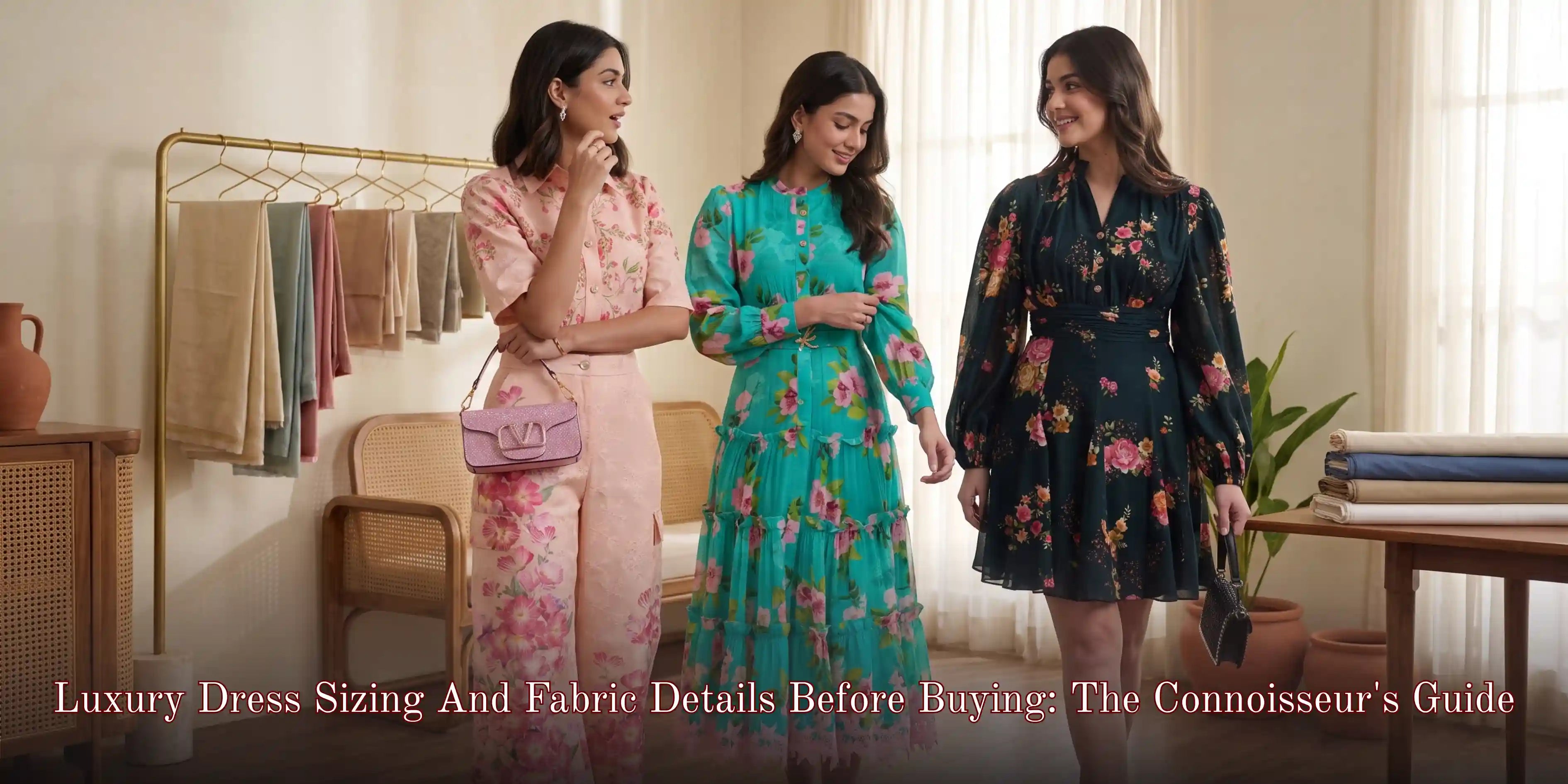 Three women in peach, teal, and navy floral dresses standing near fabric swatches in a boutique fitting room