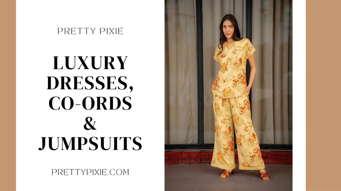 Woman wearing luxury floral co-ord set outfit by Pretty Pixie showcasing modern women’s fashion