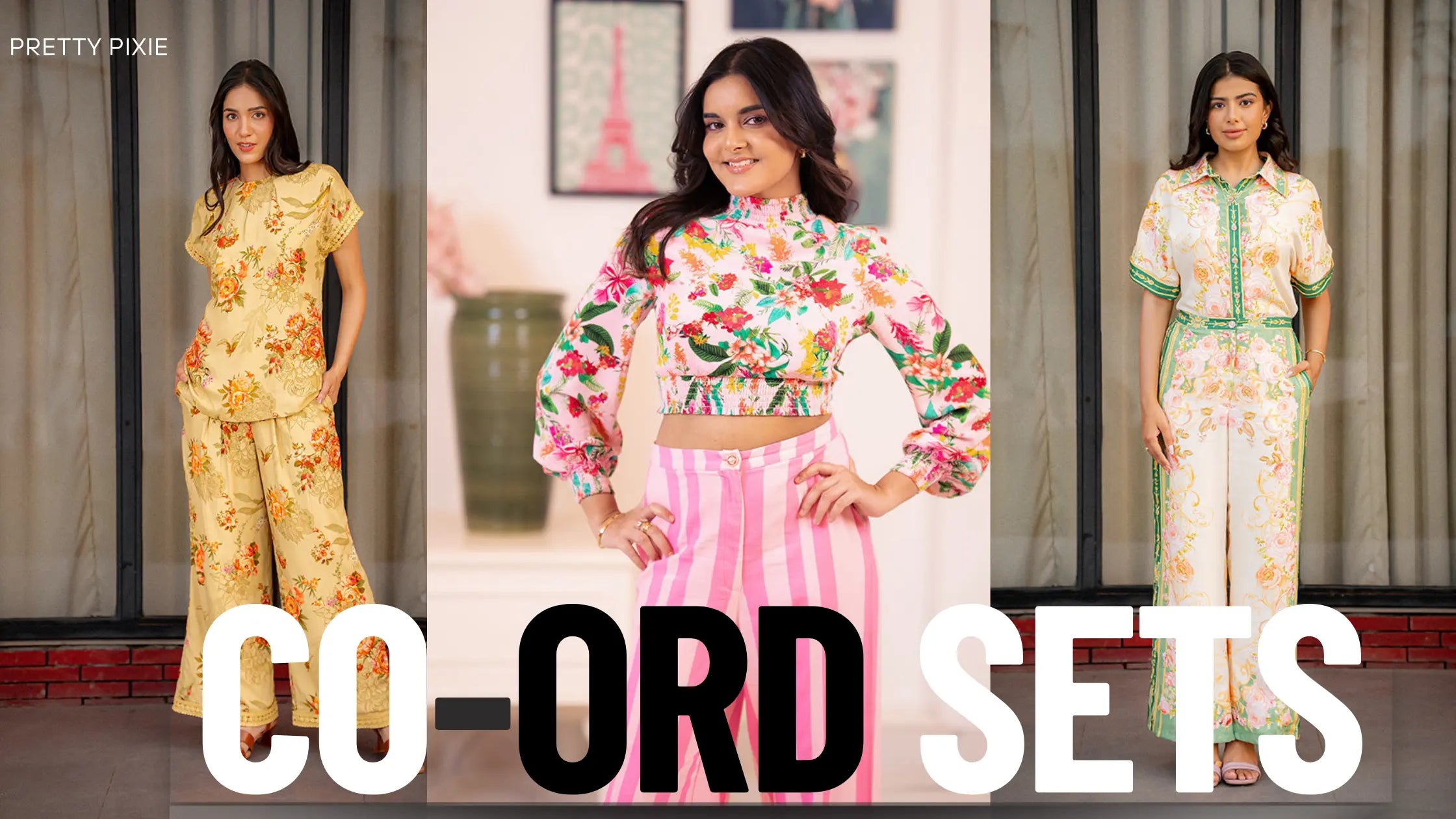 Women wearing luxury floral co-ord sets in pastel and printed designs by Pretty Pixie