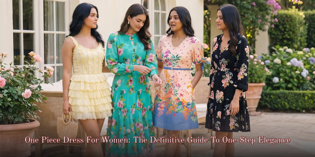 Four women wearing floral one piece dresses in yellow, teal, peach, and black in a garden setting