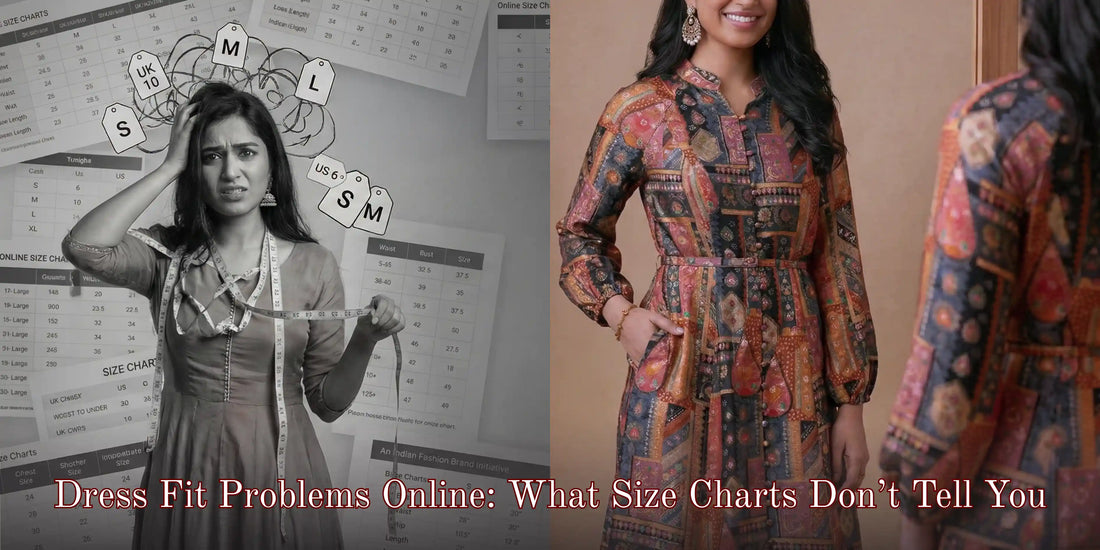 Comparison showing online dress fit problems, with size charts and a woman confused about measurements versus a well-fitted dress.
