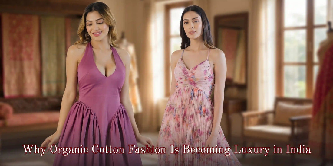Two Indian women in organic cotton fashion — mauve halter and blush floral dresses styled in a warm luxury Indian interior