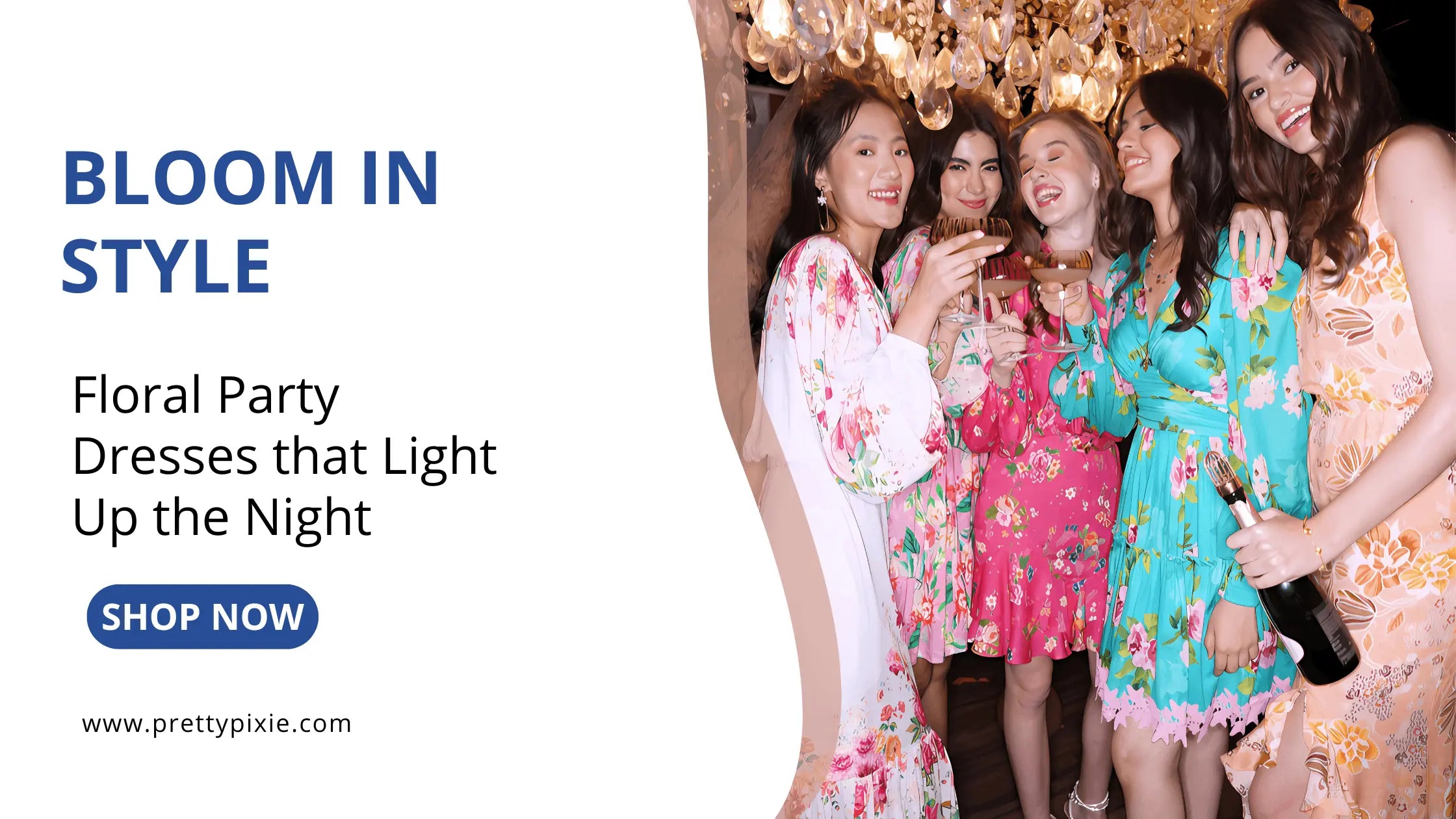 Women wearing party wear floral dresses in vibrant prints celebrating in stylish Pretty Pixie outfits