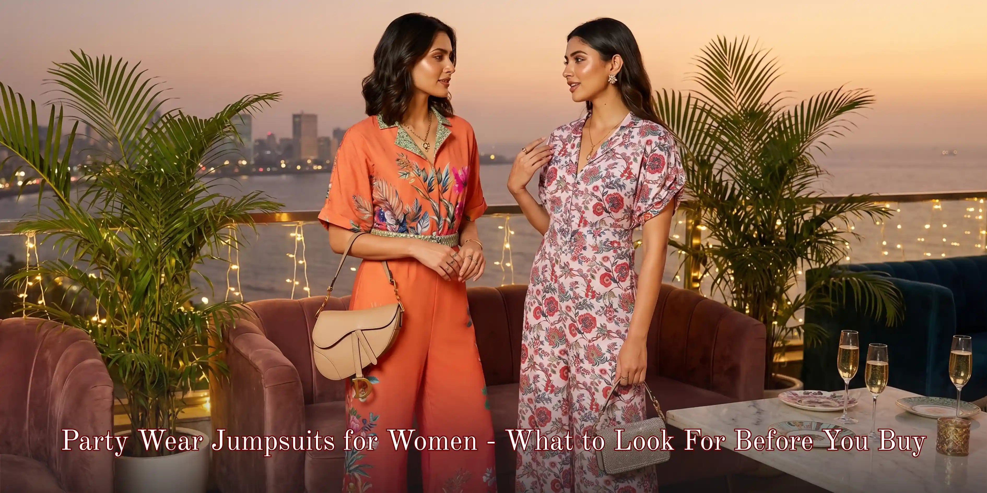 Two Indian women in colorful party wear jumpsuits having a conversation at a luxury sunset rooftop with city skyline, demonstrating floral orange and pink jumpsuit styling for women