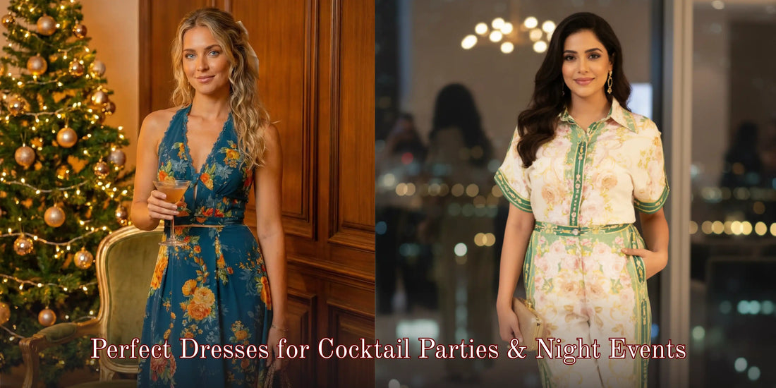 Perfect dresses for cocktail parties and night events banner featuring teal floral Christmas party dress and ivory floral city night dress inspiration for women.
