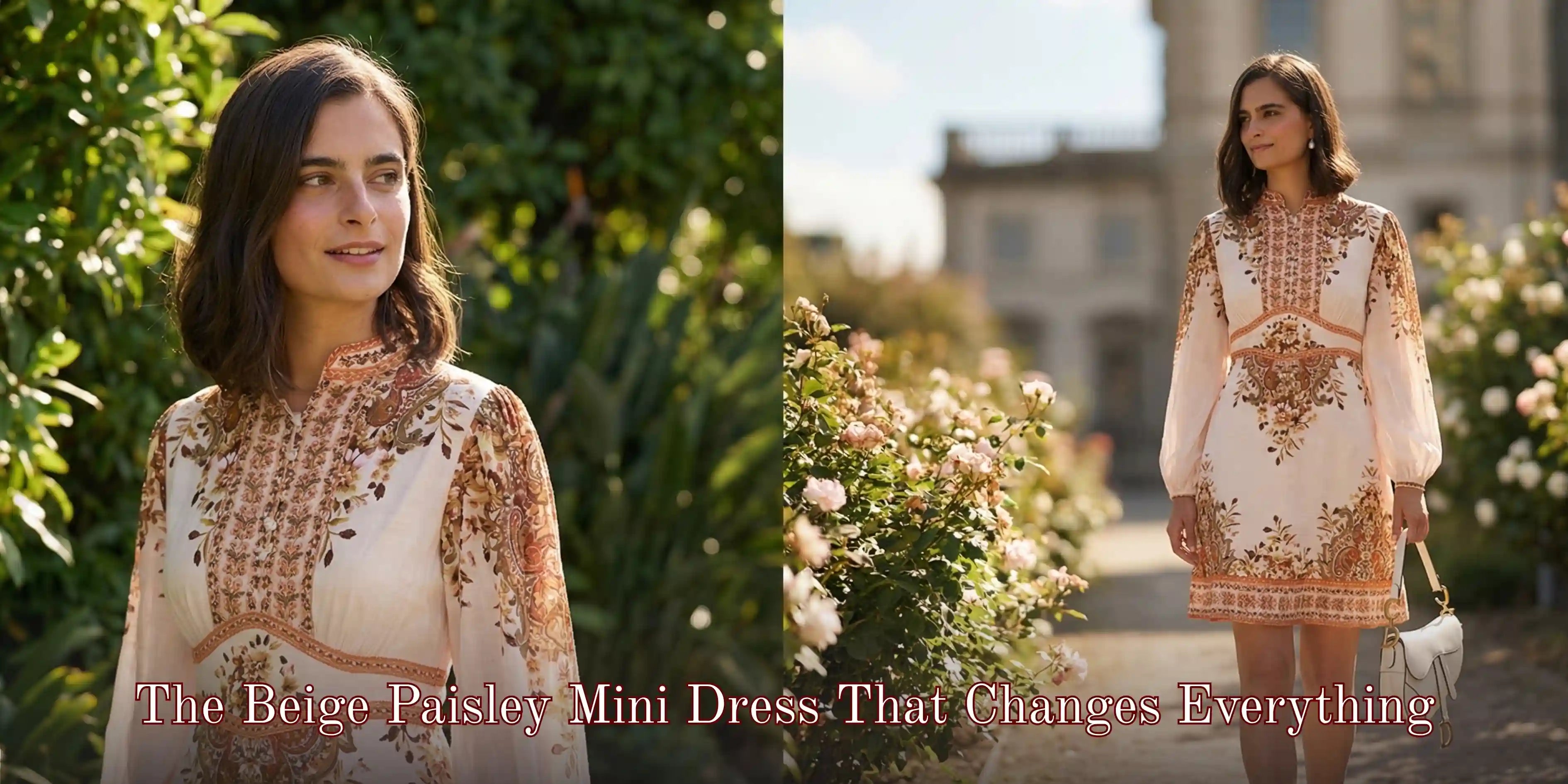 Pretty Pixie beige paisley printed mini dress for women — elegant puff sleeve short dress, shop online India