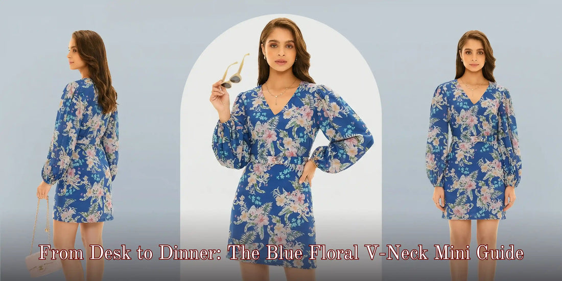 Pretty Pixie blue floral V-neck mini dress for women — puff sleeve day to night dress, shop online India