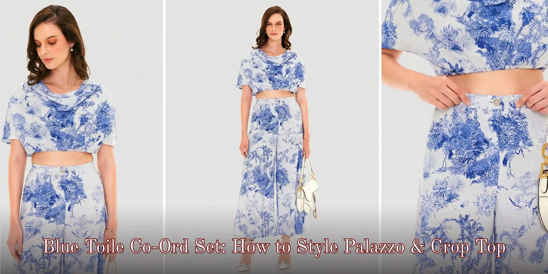 Pretty Pixie blue toile co-ord set for women — printed crop top and palazzo pants matching set, shop online India