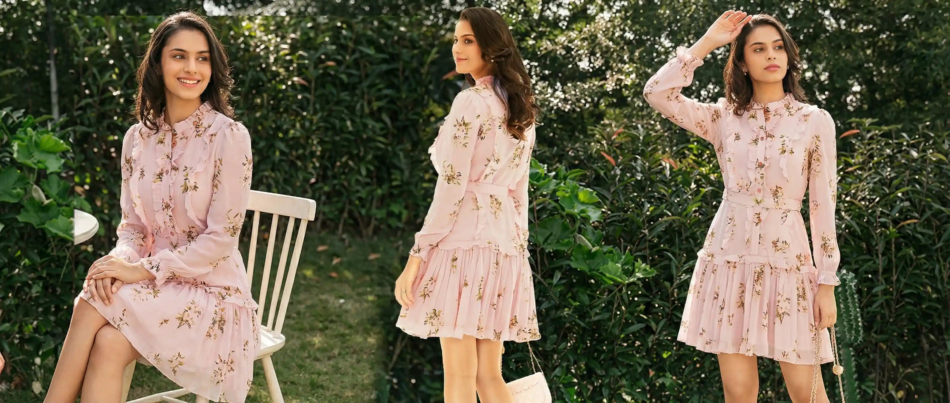 Pretty Pixie Hannah pink ruffle floral dress for women — long sleeve tiered short dress, shop online India