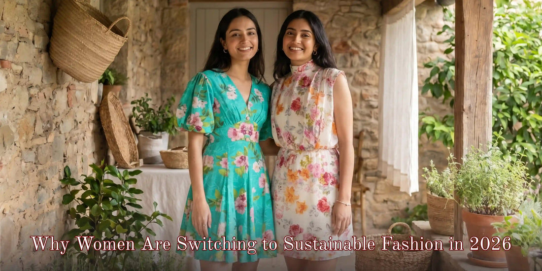 Two Indian women in Pretty Pixie floral cotton dresses outdoors — sustainable fashion in 2026, eco-friendly style India