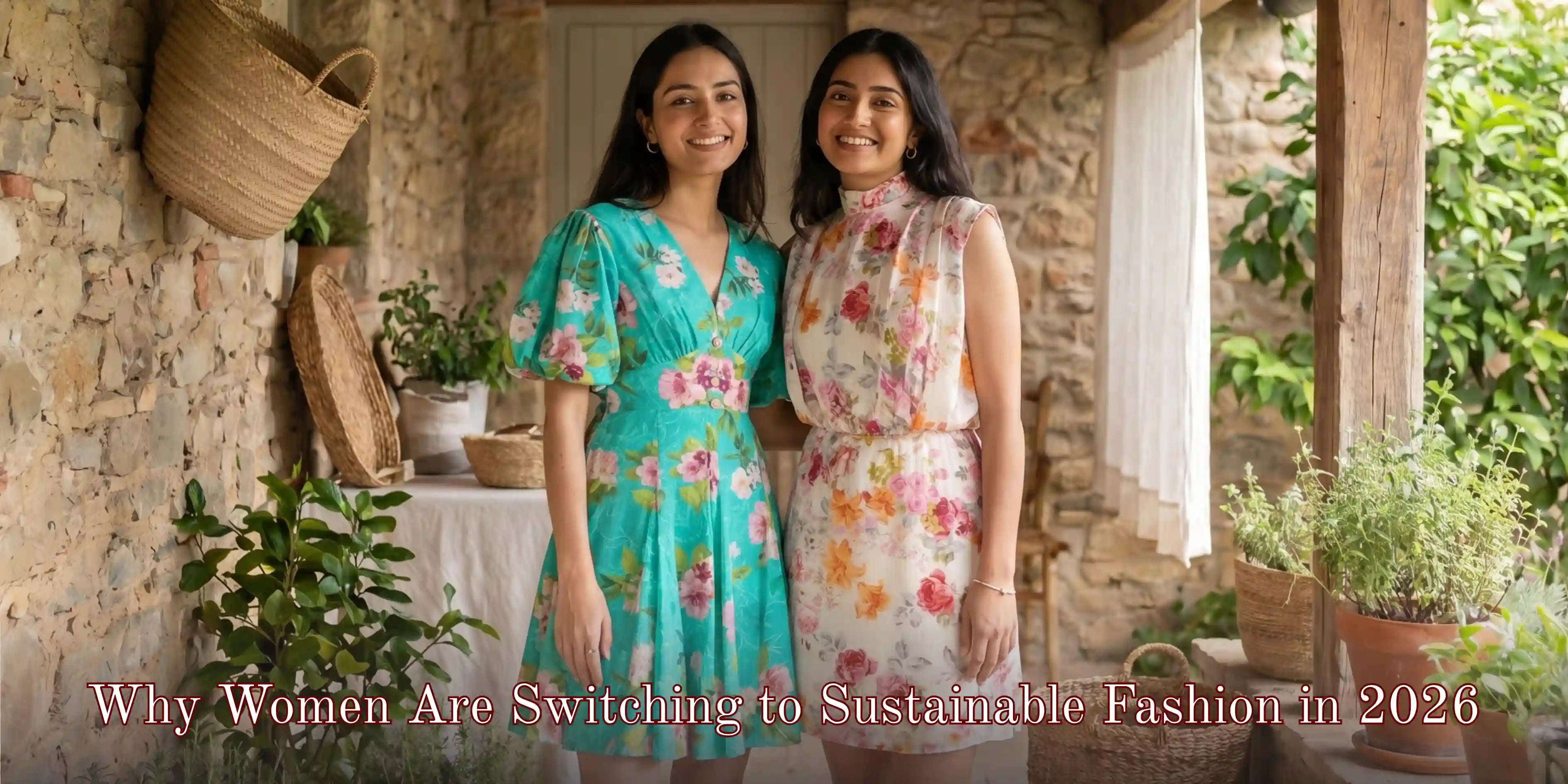 Two Indian women in Pretty Pixie floral cotton dresses outdoors — sustainable fashion in 2026, eco-friendly style India