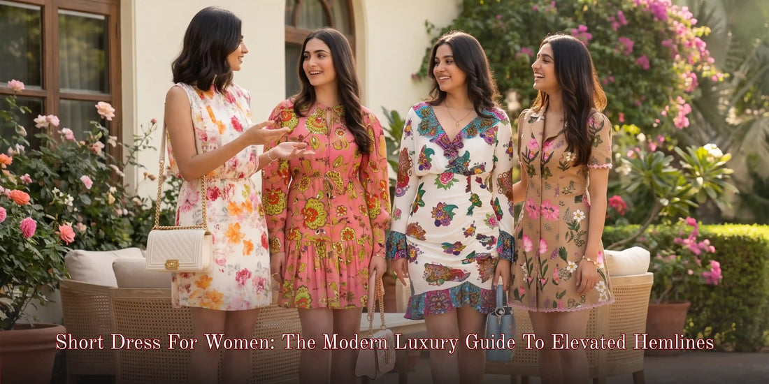 Four women in floral print short dresses standing together in a garden courtyard, guide to elevated hemlines