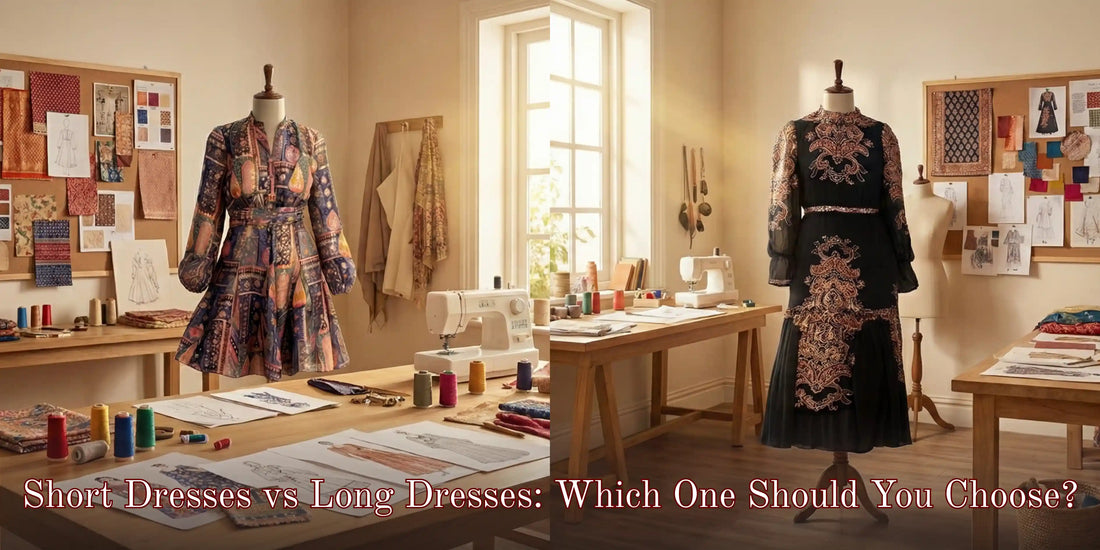 Fashion design studio displaying short and long dresses on mannequins, comparing different dress lengths.
