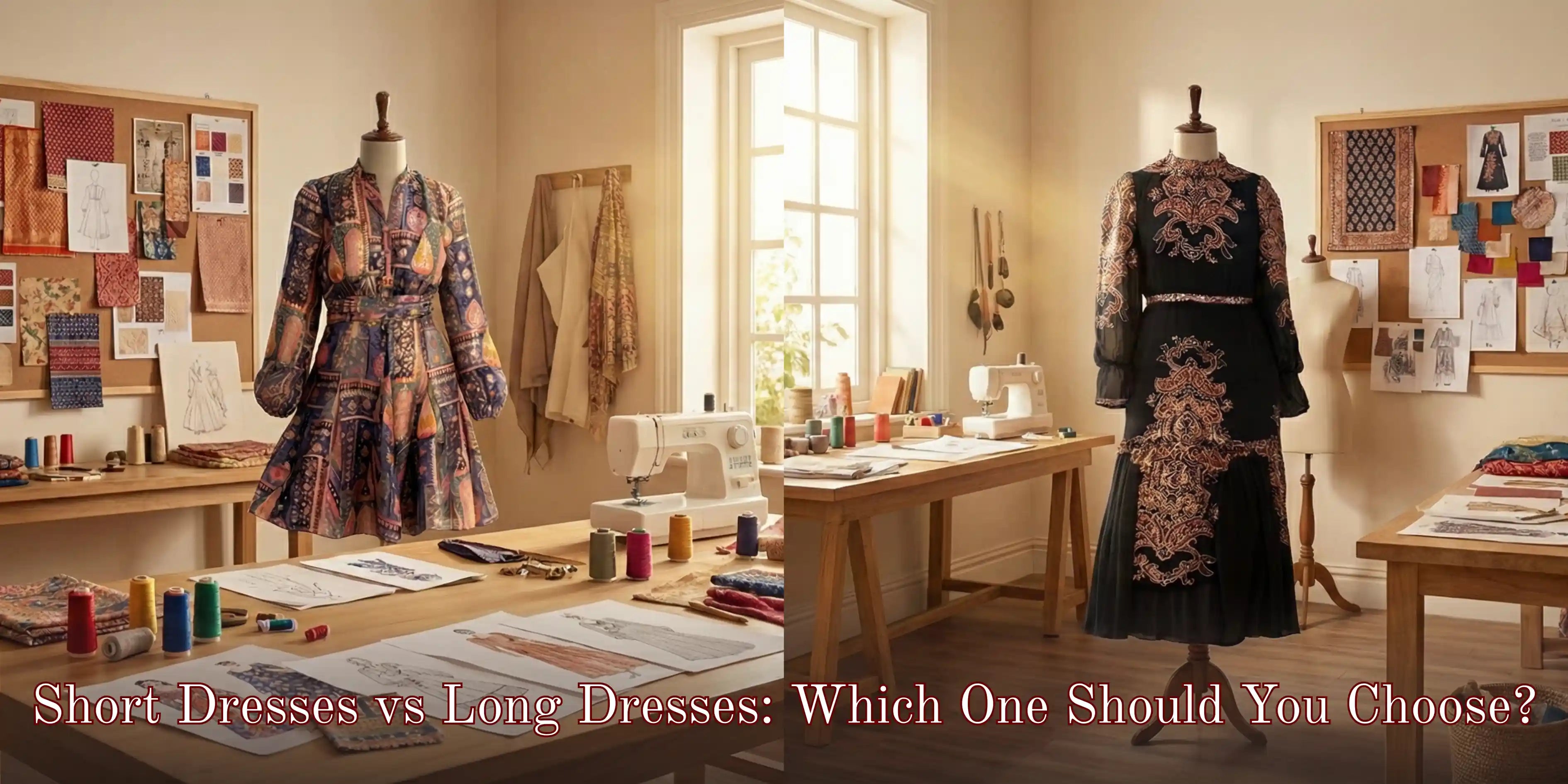 Fashion design studio displaying short and long dresses on mannequins, comparing different dress lengths.