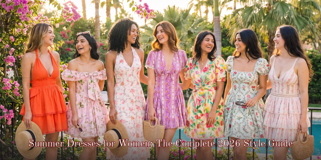 Summer dress styles women 2026: 7 options orange pink white purple colorful cream floral variety