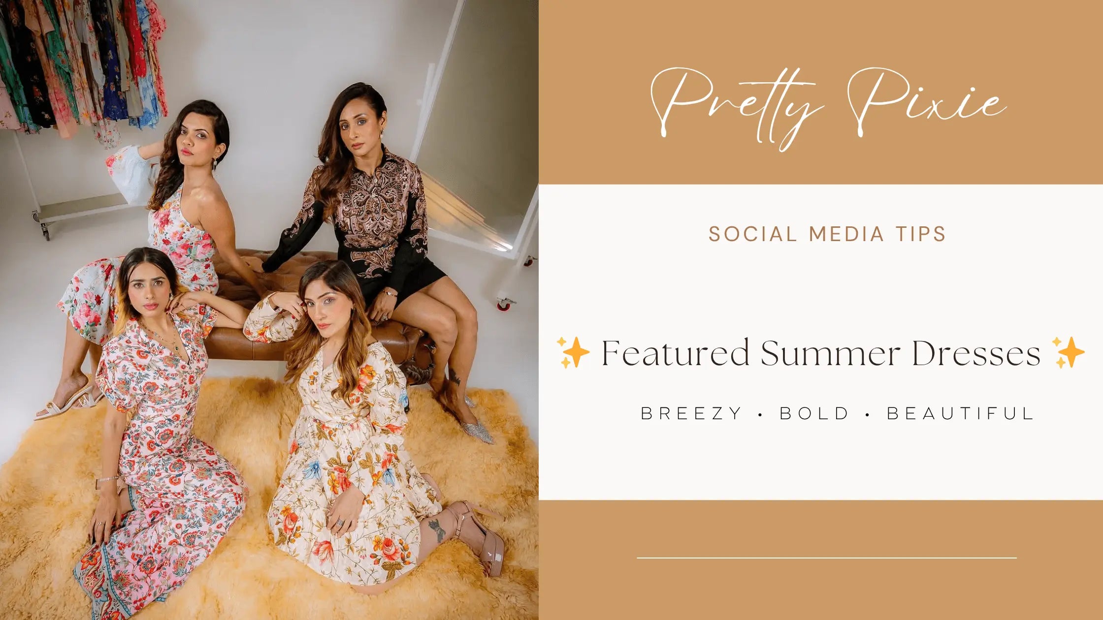 Women wearing breezy floral summer dresses in bold and pastel prints from Pretty Pixie collection