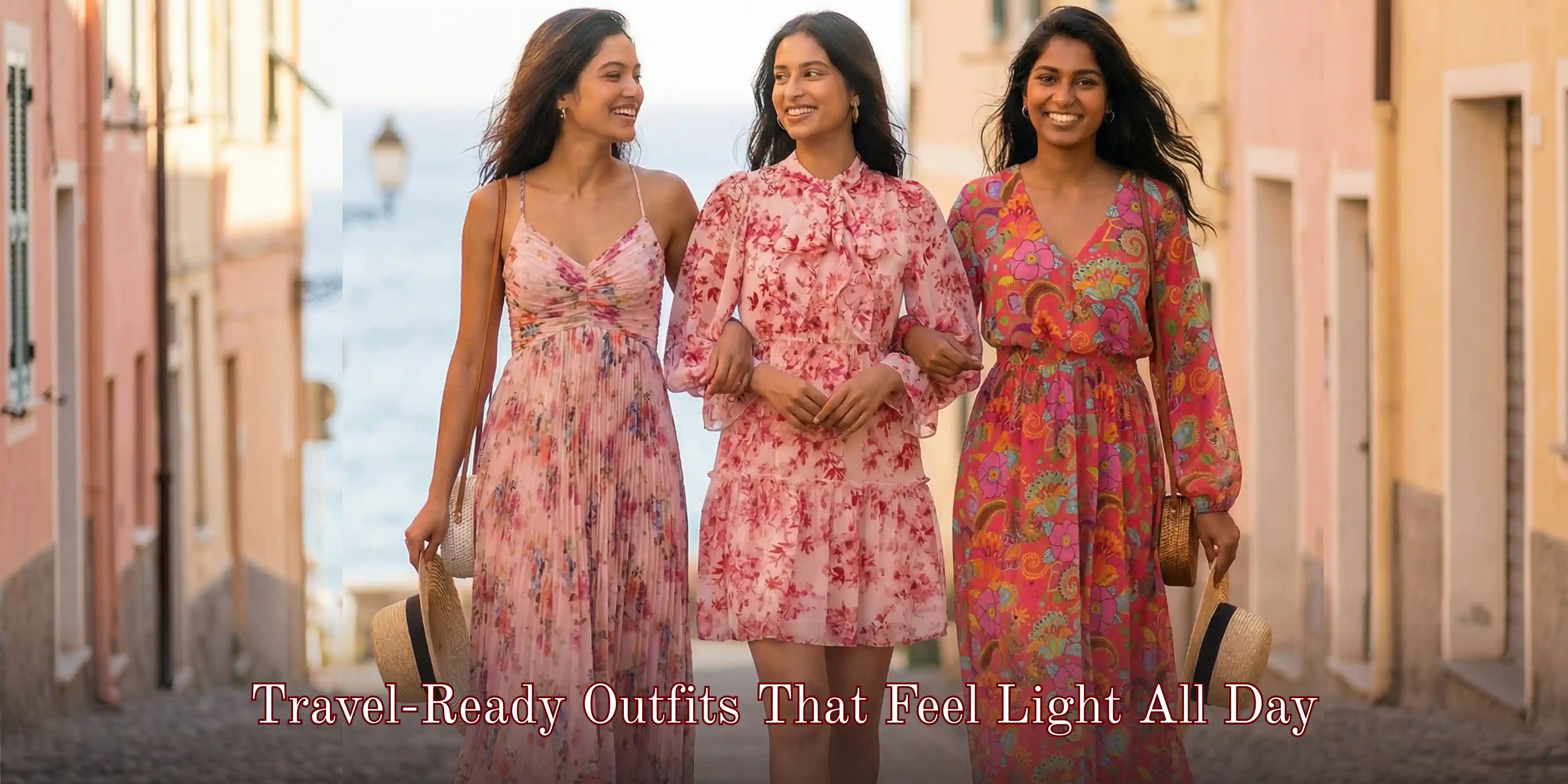 Three women walking in a sunlit street wearing lightweight floral cotton dresses, showcasing travel-ready outfits that feel light all day and pack easily for vacations – Pretty Pixie 2026 collection.