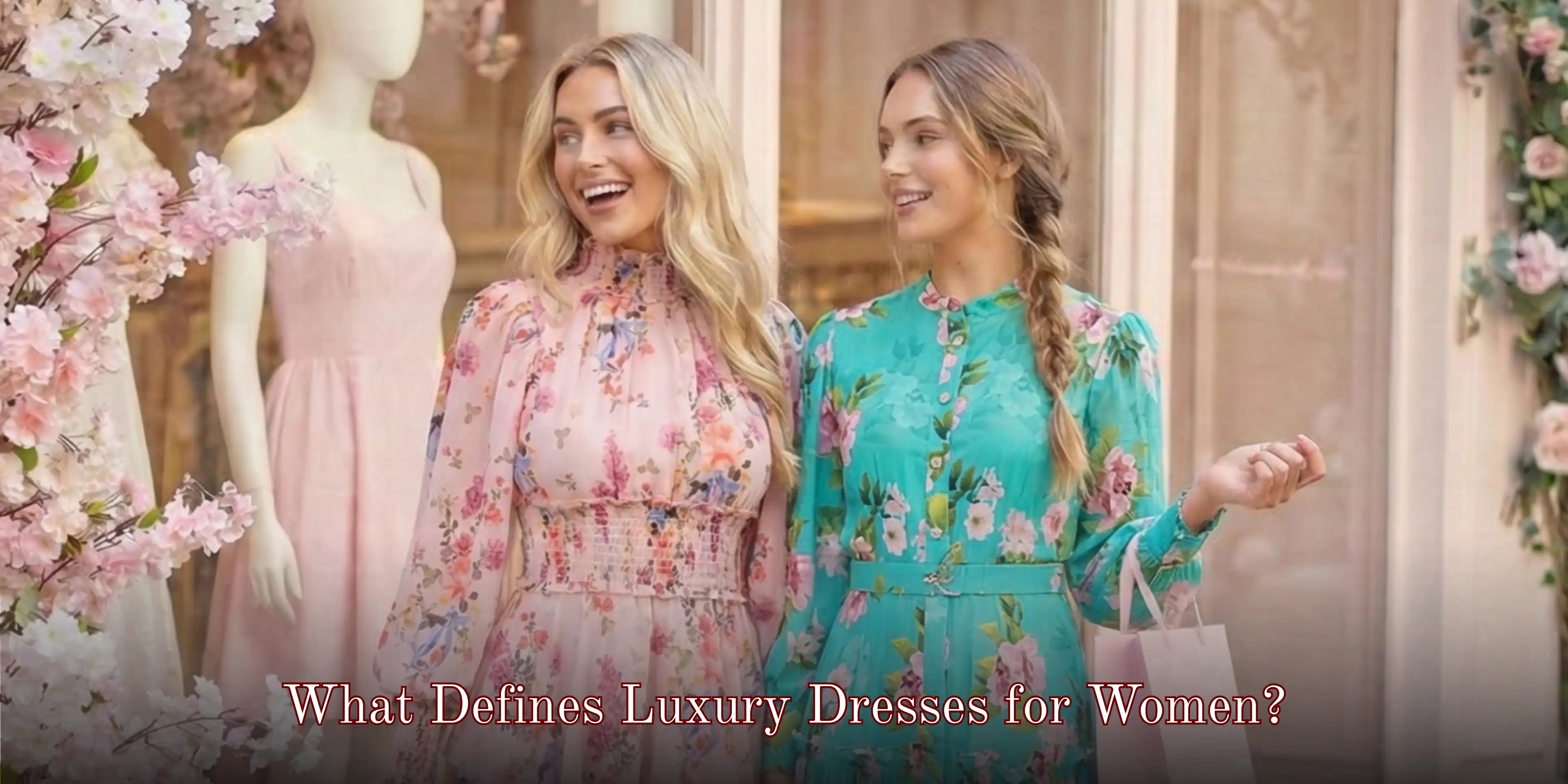 What defines luxury dresses for women visual banner with two stylish shoppers in floral outfits inside an elegant boutique.