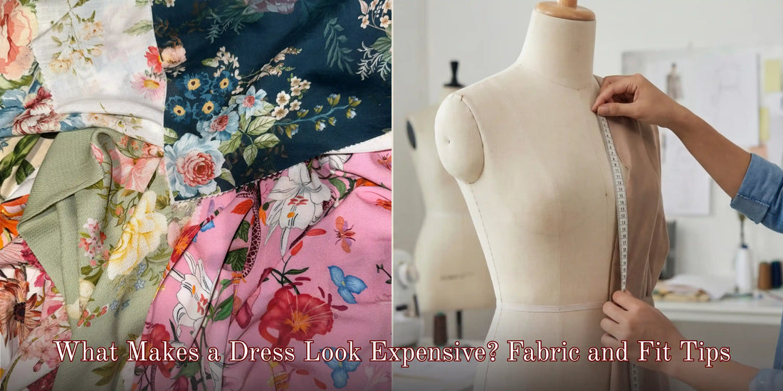 Close-up of floral fabrics and a dress form being measured, highlighting fabric quality and fit in dress construction.