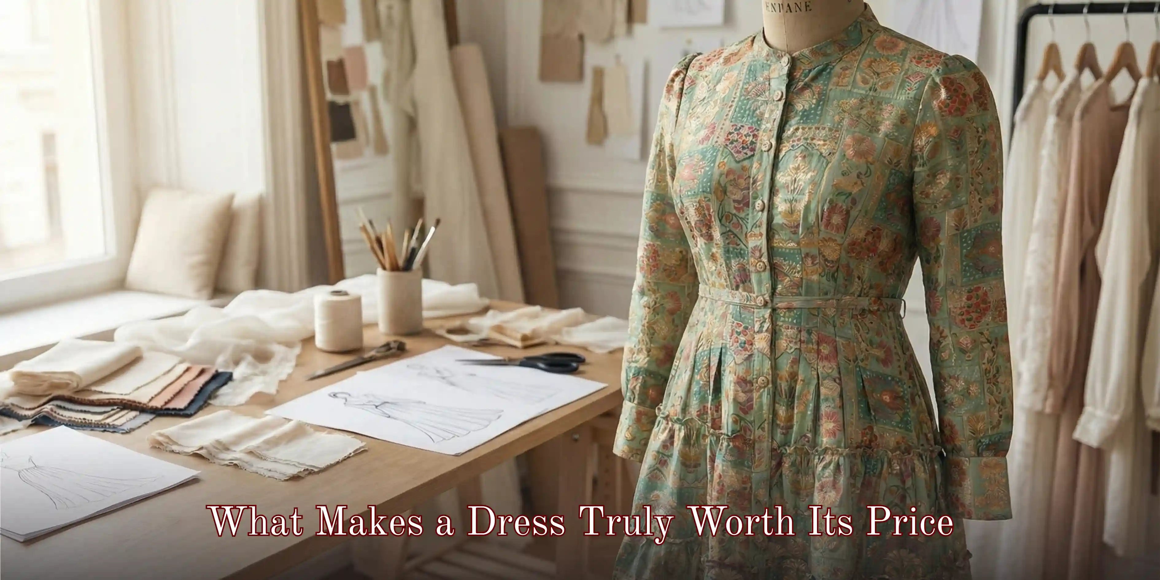 Floral embroidered green dress in a fashion design studio atelier, illustrating premium craftsmanship, fabric quality, and the concept of what makes a dress truly worth its price – Pretty Pixie style guide.