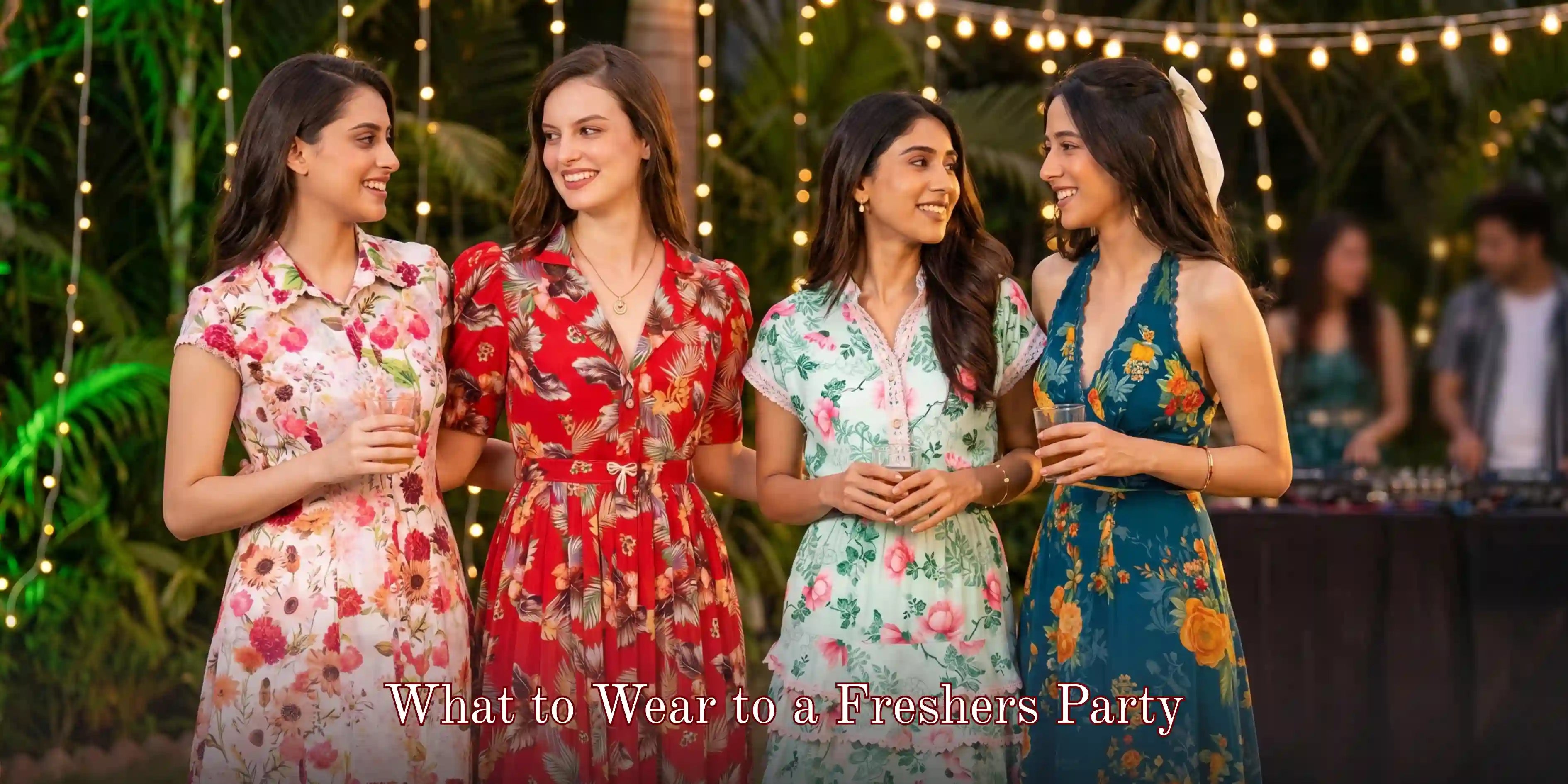 Four women wearing stylish floral dresses for a freshers party with colorful summer outfits and evening party styling inspiration