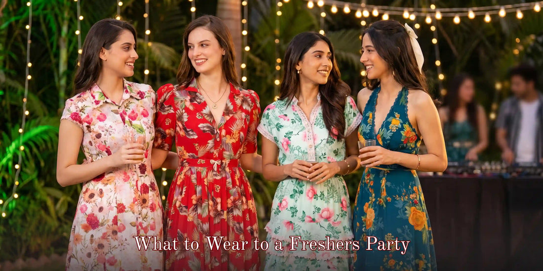 Four women wearing stylish floral dresses for a freshers party with colorful summer outfits and evening party styling inspiration