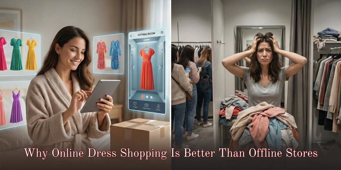 Woman happily shopping for dresses online versus stressed woman in crowded fitting room, why online dress shopping is better than offline stores, Prettypixie India