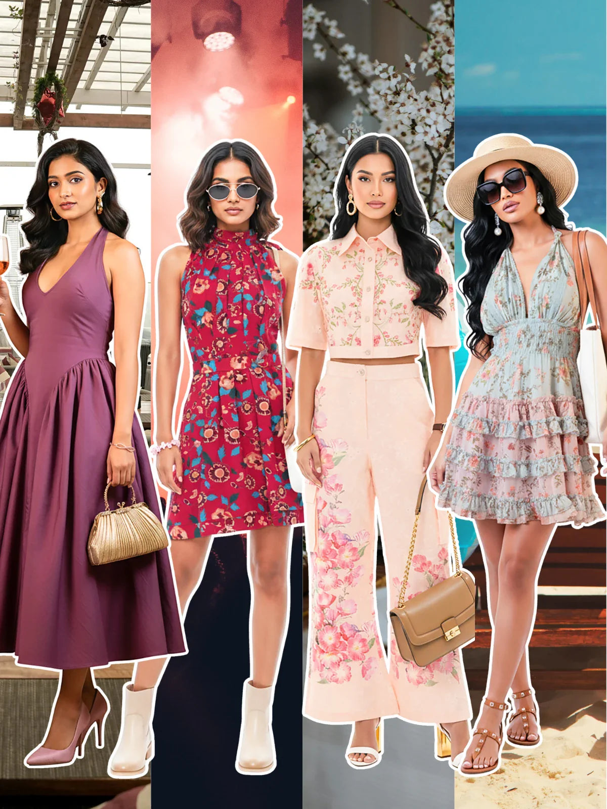 Pretty Pixie lifestyle campaign featuring women in multiple luxury outfits including halter dresses, floral prints, summer co-ords, and beachwear.