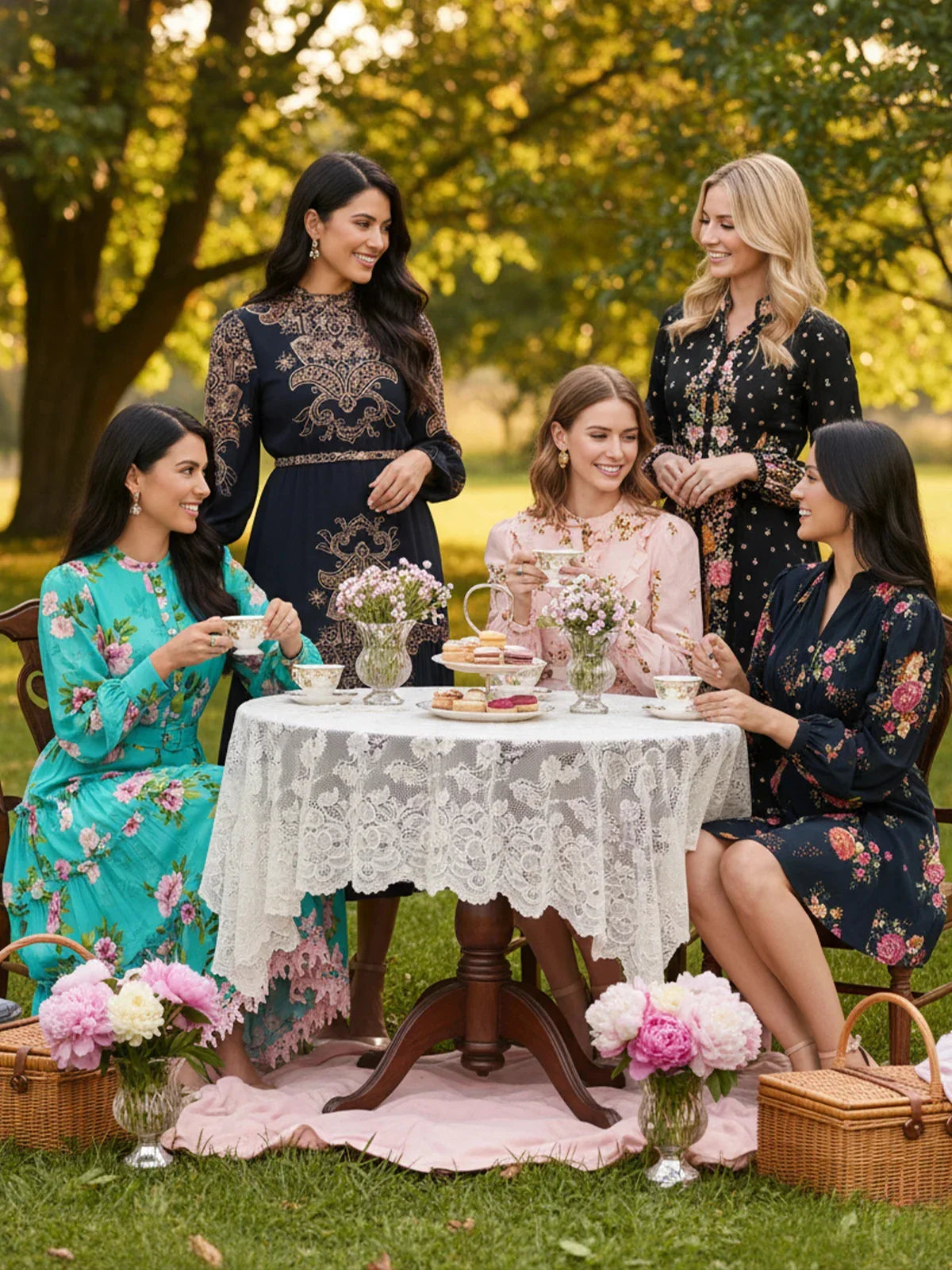 Women in Pretty Pixie floral and embroidered dresses enjoying a garden tea party with lace table décor and elegant luxury fashion styling.
